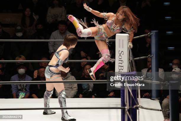 Mina Shirakawa takes on Saori Anou during the Women's Pro-Wrestling "Stardom" at Korakuen Hall on February 17, 2024 in Tokyo, Japan.