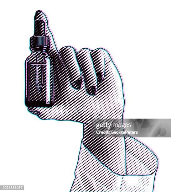 female hand holding essential oil bottle and pipette with glitch technique - cannabinoid stock illustrations