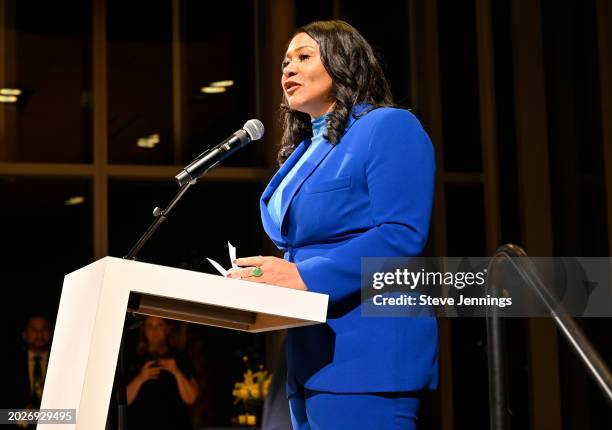 London Breed, Mayor of San Francisco speaks onstage during the Inaugural Reception of the New Consulate General of Sweden in San Francisco at the San...