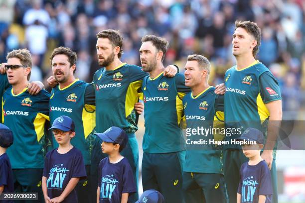 Australia sing the national anthem during game one of the Men's T20 International series between New Zealand and Australia at Sky Stadium on February...