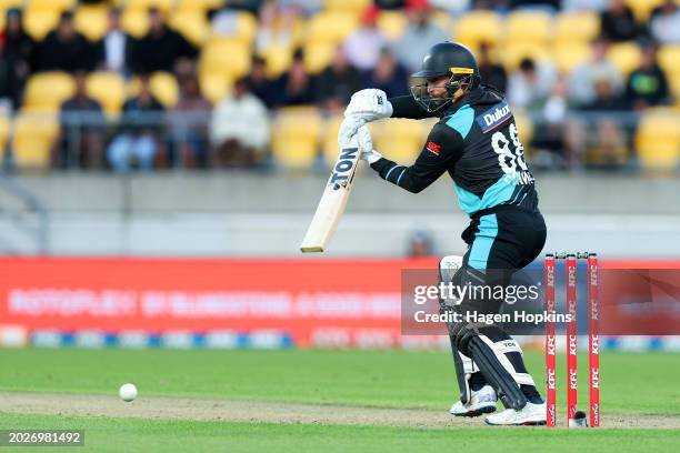 Devon Conway of New Zealand bats during game one of the Men's T20 International series between New Zealand and Australia at Sky Stadium on February...