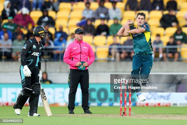 Pat Cummins of Australia bowls during game one of the Men's T20 International series between New Zealand and Australia at Sky Stadium on February 21,...