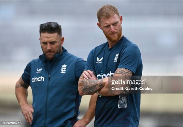 England captain Ben Stokes speaks with coach Brendon McCullum during a nets session at JSCA International Stadium Complex on February 21, 2024 in...