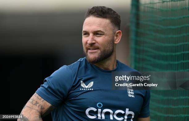 England coach Brendon McCullum during a nets session at JSCA International Stadium Complex on February 21, 2024 in Ranchi, India.