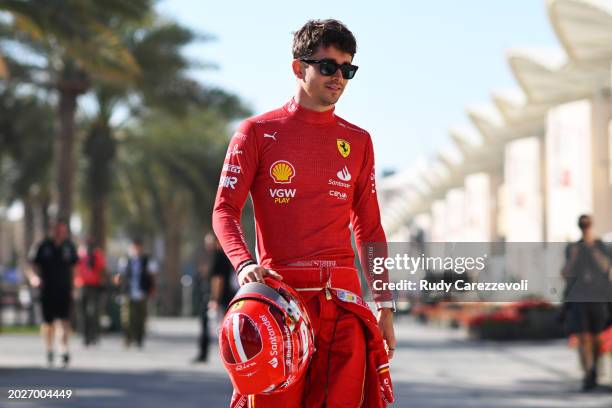 Charles Leclerc of Monaco and Ferrari walks in the Paddock prior to day one of F1 Testing at Bahrain International Circuit on February 21, 2024 in...