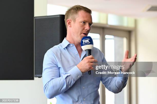 Jack Riewoldt speaks at a Kayo Sports Lunch on February 20, 2024 in Melbourne, Australia.