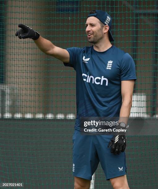 Mark Wood of England keeps in goal during a football shootout during a nets session at JSCA International Stadium Complex on February 21, 2024 in...