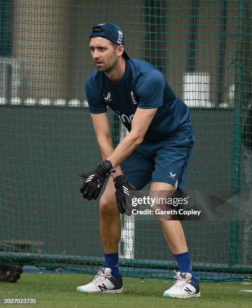 Mark Wood of England keeps in goal during a football shootout during a nets session at JSCA International Stadium Complex on February 21, 2024 in...