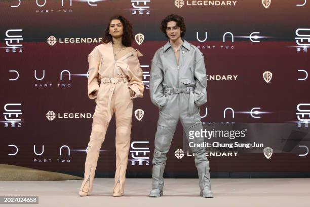 Austin Butler, Zendaya and Timothee Chalamet attend the press conference for "Dune: Part Two" on February 21, 2024 in Seoul, South Korea.