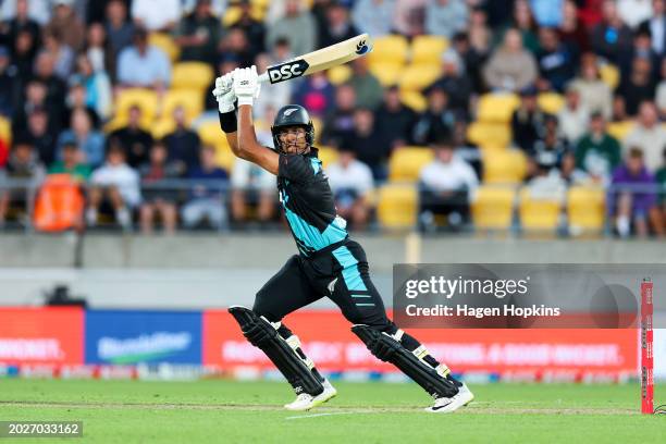 Rachin Ravindra of New Zealand bats during game one of the Men's T20 International series between New Zealand and Australia at Sky Stadium on...