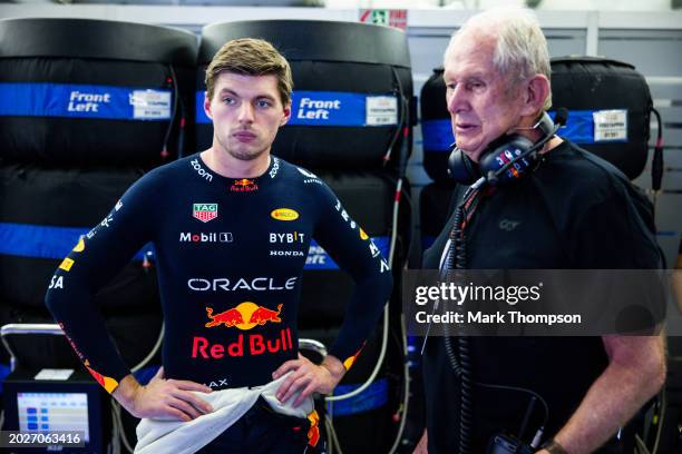 Max Verstappen of the Netherlands and Oracle Red Bull Racing talks with Red Bull Racing Team Consultant Dr Helmut Marko in the garage during day one...