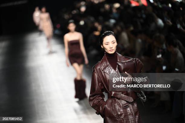 Model walks the runway during the Ermanno Scervino collection show at the Milan Fashion Week Womenswear Autumn/Winter 2024-2025 on February 24, 2024...