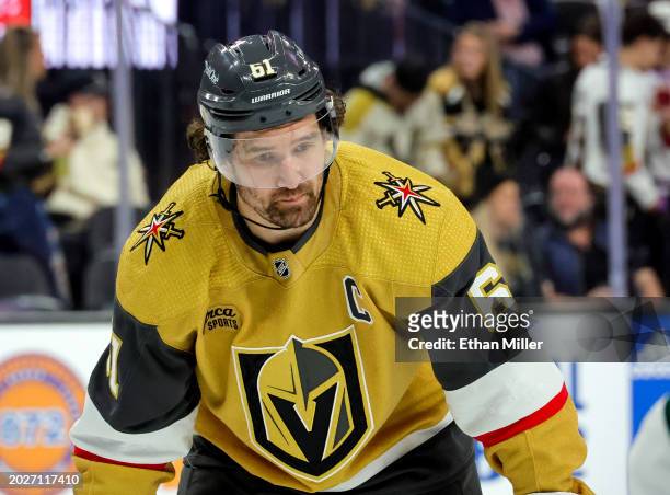 Mark Stone of the Vegas Golden Knights waits for a faceoff in the second period of a game against the Minnesota Wild at T-Mobile Arena on February...