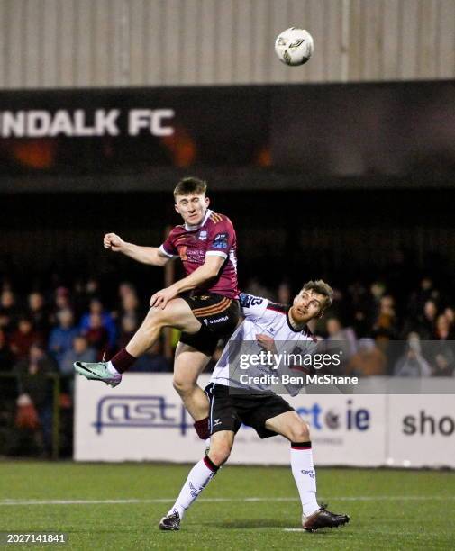 Louth , Ireland - 23 February 2024; Edward McCarthy of Galway United and Archie Davies of Dundalk during the SSE Airtricity Men's Premier Division...