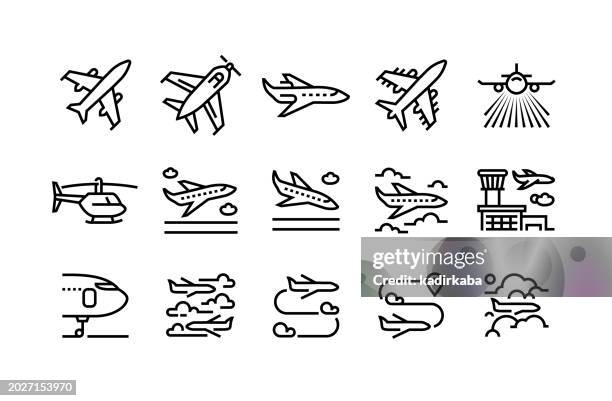 ilustrações de stock, clip art, desenhos animados e ícones de aircraft line icon set - veículo aéreo
