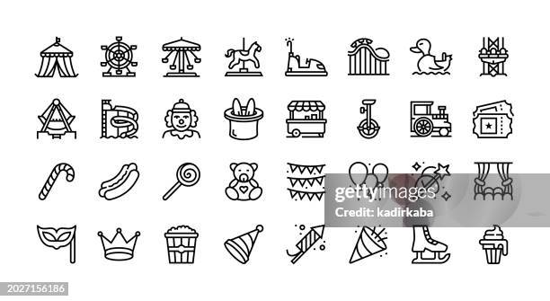 amusement park line icon set - ice skating vector stock illustrations