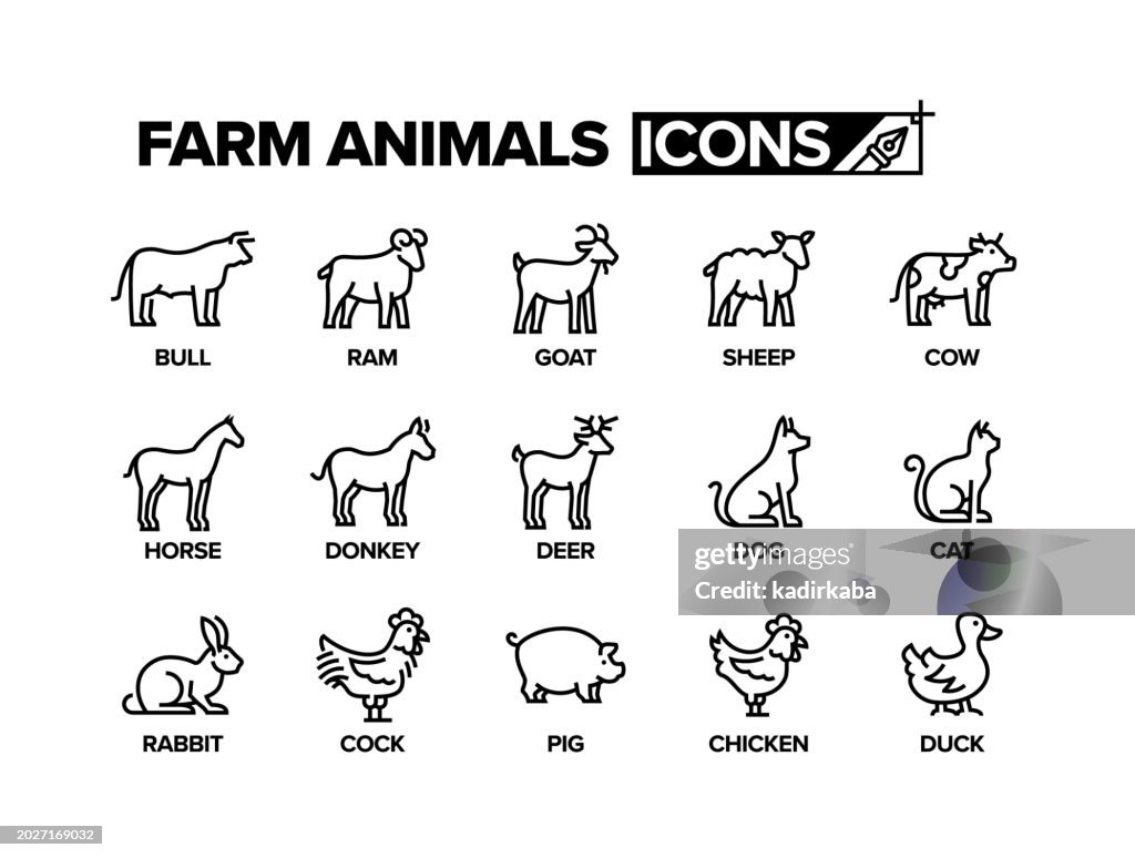 Farm Animals Line Icon Set