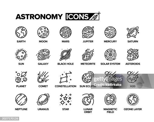 ilustraciones, imágenes clip art, dibujos animados e iconos de stock de conjunto de iconos de línea espacial y astronómica - mercurio