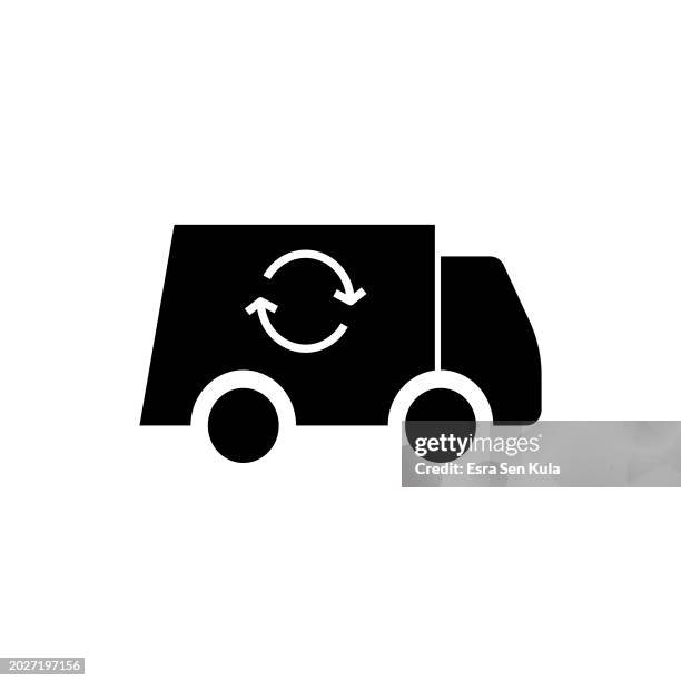 garbage truck solid icon design on a white background. this black flat icon suits infographics, web pages, mobile apps, ui, ux, and gui designs. - industrial bin stock illustrations
