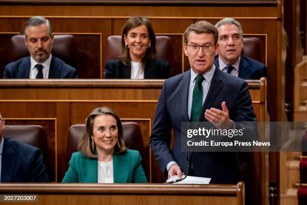 The national president of the PP, Alberto Nuñez Feijoo, speaks during the plenary session in the Congress of Deputies on February 21 in Madrid,...