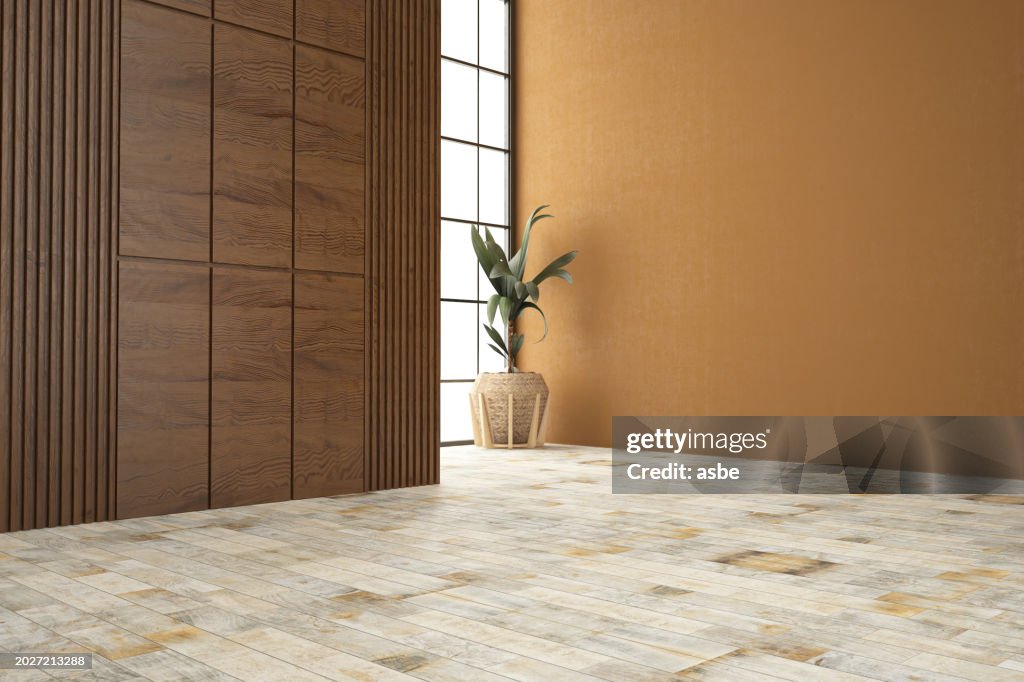 Unmöbliertes Zimmer mit einer Holzwand und einem Fenster