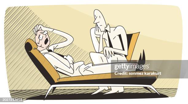 ilustraciones, imágenes clip art, dibujos animados e iconos de stock de hombre recibiendo terapia de un psiquiatra - centro de rehabilitación