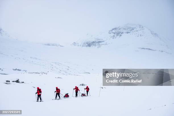 Sara Davies, Alex Scott, Laura Whitmore and Vicky Pattison during the second day of the Snow Going Back - Comic Relief 2024 Challenge skiing through...