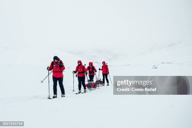 Sara Davies, Alex Scott, Laura Whitmore and Vicky Pattison during the second day of the Snow Going Back - Comic Relief 2024 Challenge skiing through...