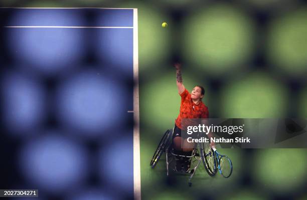 Rugby Bishop of Great Britain plays against Maylee Phelips of United States during the Bolton Indoor ITF2 Wheelchair Tennis Tournament at Bolton...