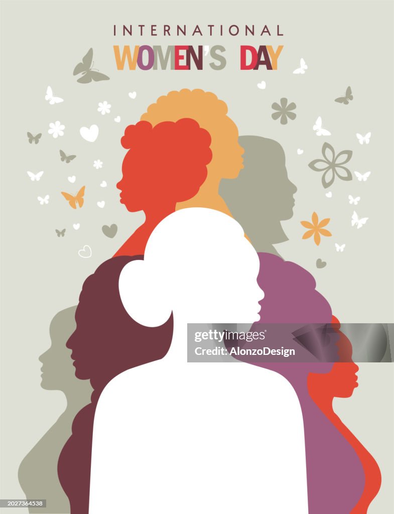 Cartel del Día Internacional de la Mujer. Grupo multirracial de mujeres.