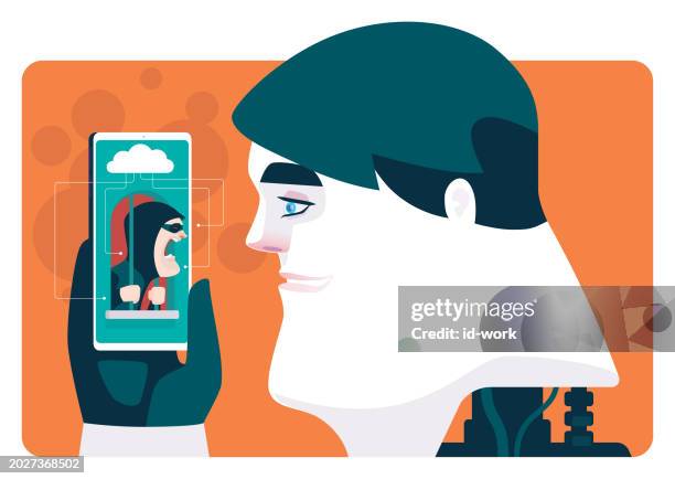 robot man holding smartphone with hacker holding prison bars - video chat window stock illustrations
