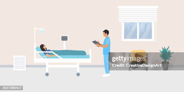 ilustraciones, imágenes clip art, dibujos animados e iconos de stock de interior de la habitación del hospital con un médico masculino analizando al paciente - sección hospitalaria