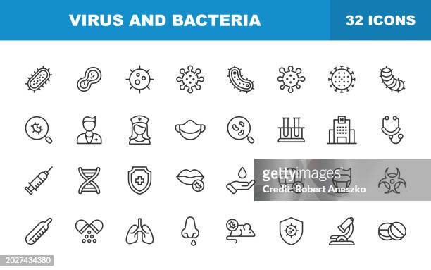 virus and bacteria line icons. editable stroke. contains such icons as bacterium, infection, disease, virus, cell, flu, research, cold, healthcare. - epidemiology icon stock illustrations