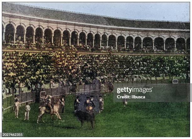 antique photo of world's landmarks (circa 1894): bullfight, seville, spain - picador stock-grafiken, -clipart, -cartoons und -symbole