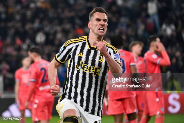 Arkadiusz Milik of Juventus FC celebrates a goal before the goal is disallowed for offside during the Serie A TIM match between Juventus and Udinese...
