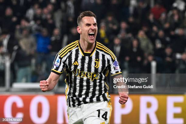 Arkadiusz Milik of Juventus FC celebrates a goal before the goal is disallowed for offside during the Serie A TIM match between Juventus and Udinese...