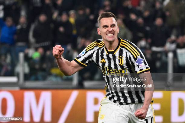 Arkadiusz Milik of Juventus FC celebrates a goal before the goal is disallowed for offside during the Serie A TIM match between Juventus and Udinese...