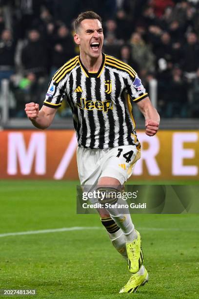 Arkadiusz Milik of Juventus FC celebrates a goal before the goal is disallowed for offside during the Serie A TIM match between Juventus and Udinese...