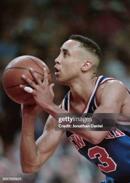 John Starks, Shooting Guard for the New York Knicks prepares to shoot a free throw during Game 6 of the NBA Eastern Conference Finals Playoff...