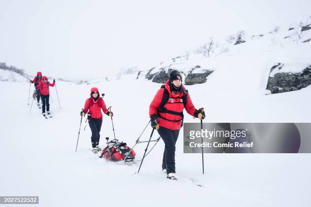 Sara Davies, Vicky Pattison, Laura Whitmore and Alex Scott, during day three of the Snow Going Back - Comic Relief 2024 Challenge seen walking...