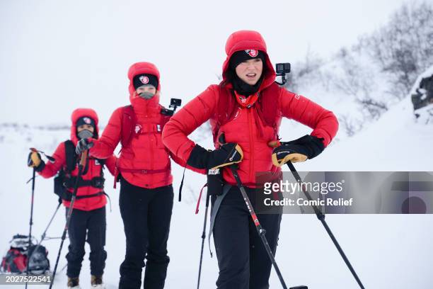 Vicky Pattison, Laura Whitmore and Alex Scott, during day three of the Snow Going Back - Comic Relief 2024 Challenge seen walking through the Arctic...