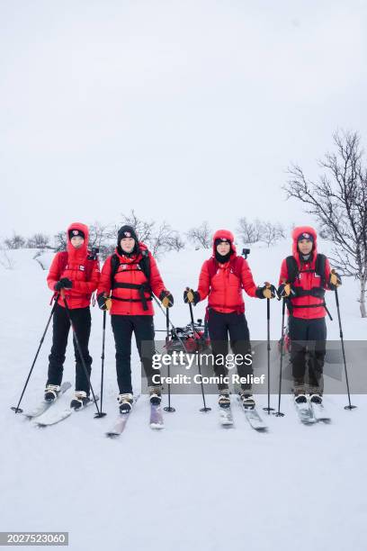 Laura Whitmore, Sara Davies, Vicky Pattison, and Alex Scott, during day three of the Snow Going Back - Comic Relief 2024 Challenge seen lined up...