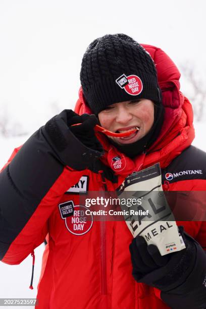 Vicky Pattison, during day three of the Snow Going Back - Comic Relief 2024 Challenge seen eating rations before setting off on February 21, 2024 in...