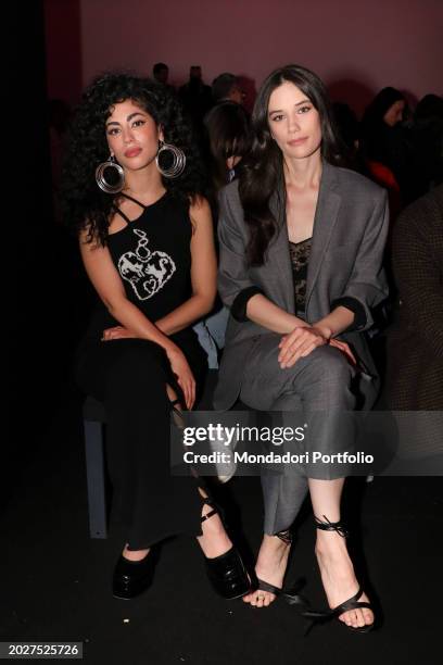 Spanish actress Mina El Hammani and American actress Ella Travolta guests at the Twinset fashion show at Milan Fashion Week Women's Collection Fall...