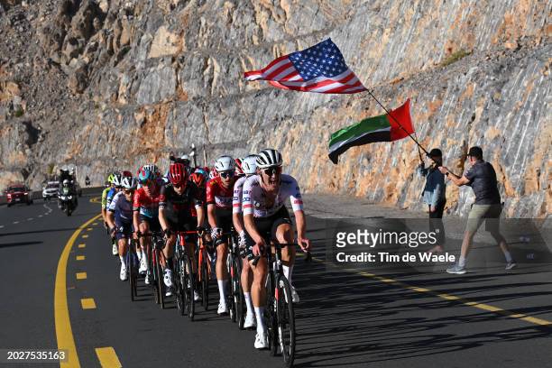 Brandon McNulty of The United States - Red Leader Jersey and Mikkel Bjerg of Denmark and Team UAE Emirates lead the peloton climbing to Jebel Jais...