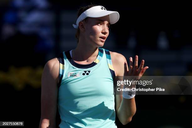 Elena Rybakina of Kazakhstan reacts while playing against Magdalena Frech of Poland in their third round women's singles match during the Dubai Duty...