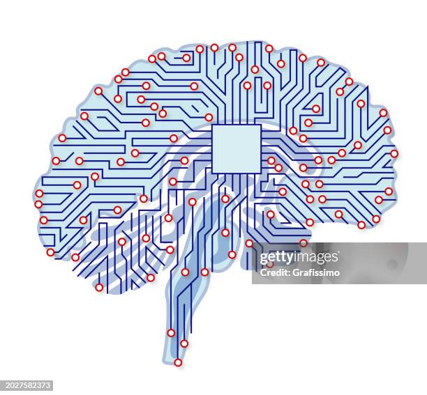 scheme of parts of human brain with circuit board as brain anatomy isolated on white - software as a service stock illustrations