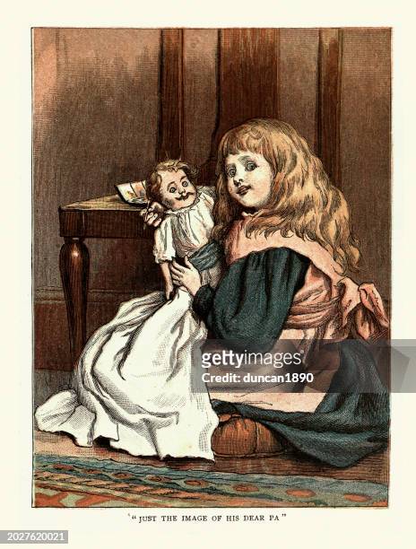 little girl playing with her dolls, 1880s, history, victorian 19th century. - baby doll stock illustrations