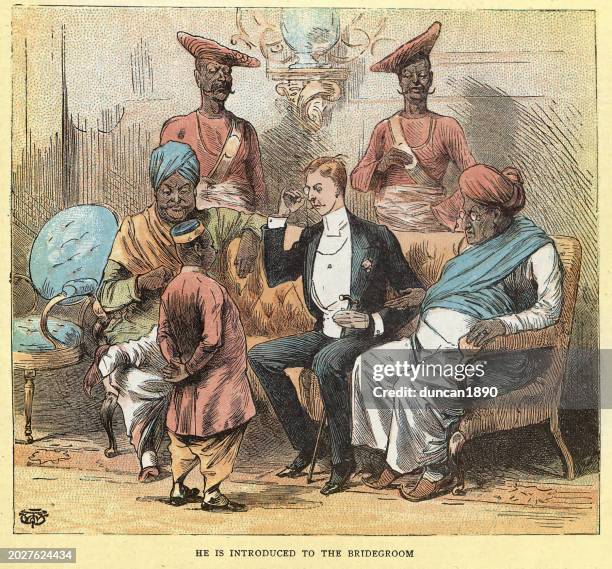 caricature of life in the british raj, he is introduced to the bridegroom, history, victorian art 19th century. - colonialism stock illustrations