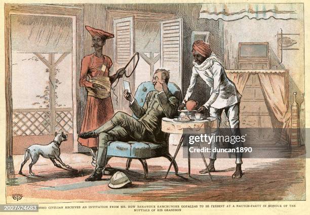 caricature of life in the british raj, man reading letter, indian servant serving tea, history, victorian art 19th century. - british raj stock illustrations